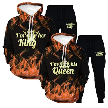 Uusima 3D-Kuningas Ja Kuninganna Hupparit Pulloverid, Püksid Püksid Valentine Sobitamine Armas Väljavalitu Paarid Crown Prindi