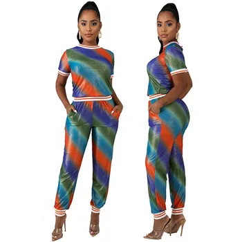 Gradient Värvi, Kahe-osaline Komplekt, Sweatsuit Naiste Lühikesed Varrukad O-kaelus T-särgid ja Jogger Sweatpant Streetwear Naiste Rõivad