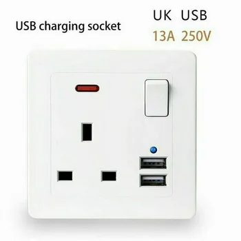 Universaalne Topelt Kolm-auk Seina kaitsekontaktiga Pistikupesa 2 USB-Porti, kiire Laadija Port LED Indikaator, UK Standard lülitiga Pistikupesa