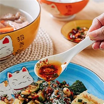 Keraamilised Suppi Lusikaga 14cm Jaapani Valge Õnnelik Kass Luu Hiina Dinnerware Restoran Leibkonna Köök Tarvikud Lauanõud