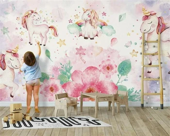 Kohandada 3d-roosa Põhjamaade minimalistlik ükssarvik poisid ja tüdrukud, laste tuba taust seina Dekoratiivsed 3d tapeet