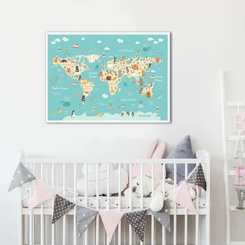 Kaasaegne Ocean World Map Lapse Plakat Lasteaed Lõuendile Maali Prindi Beebi Valgustatuse Seina Art Pilt Kid Magamistuba Decor