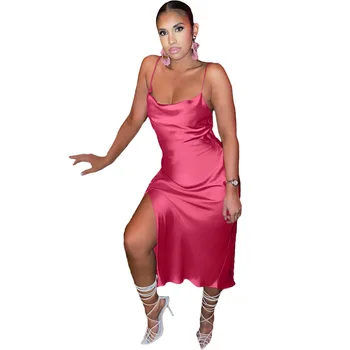 2021 Naiste Pikk Kleit Spagetid Rihm (Solid Color Jagatud Välja Streetwear Pool Öösel Clubwear Suve Riided Naiste Riided