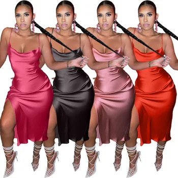 2021 Naiste Pikk Kleit Spagetid Rihm (Solid Color Jagatud Välja Streetwear Pool Öösel Clubwear Suve Riided Naiste Riided
