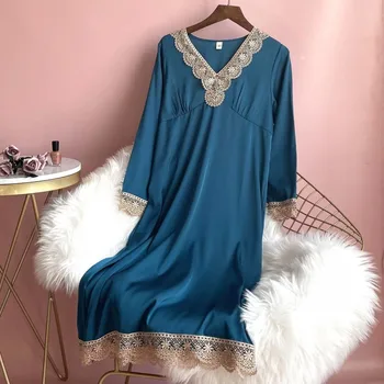 Satiin Nightgowns V-Kaeluse Naiste Nightwear Sleepdress Suvel Uus Pikad Varrukad Kodus Kaste Kleit Seksikas Sleepwear Intiimne Pesu