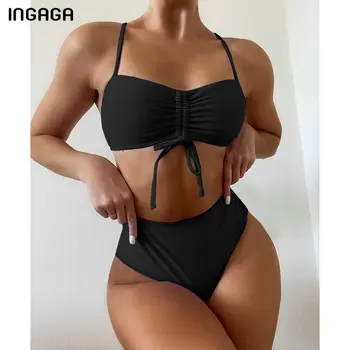 INGAGA Push Up Bikinis Naiste Ujumistrikoo 2021 Seksikas Supelpüksid Kõrge Vöökoht ujumispüksid Kõrge Lõigatud Biquini Must Nöör-Bikiinid Komplekti