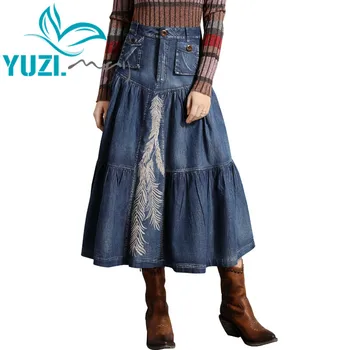 Naiste Seelik 2019 Yuzi.võib Boho Uus Denim Naiste Seelikud Vintage Tikandid Plaaster Tasku Saias X2229 Saia Feminina