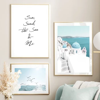 Egeuse Merel Santorini Beach Kajakas Lill Seina Art Lõuend Maali Nordic Plakatid Ja Pildid Seina Pildid Elutuba Decor