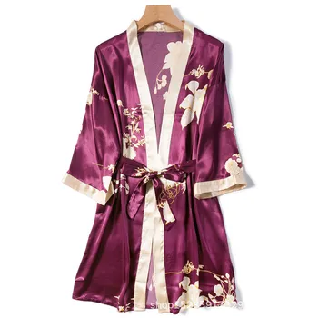 Prindi Lill Rüü Set Suvel Satiin Kimono Kleit Naiste Vabaaja 2TK Sleepwear Naine Siidine Nighty&Rüü Set V-kaeluse Kodu Riided