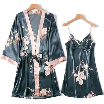 Prindi Lill Rüü Set Suvel Satiin Kimono Kleit Naiste Vabaaja 2TK Sleepwear Naine Siidine Nighty&Rüü Set V-kaeluse Kodu Riided