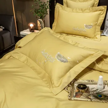 2021 Nelja-osaline voodipesu lihtne puuvillane topelt leibkonna voodi lehel tekk, kate tikitud) sidusega mugava allapanuga kollane värv