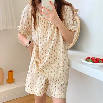Lühikesed varrukad õie printida pidžaama komplekt naiste puuvillane kodu riided 2-osaline komplekt, pits topid, lühikesed püksid pidžaamad pehme sleepwear Y389