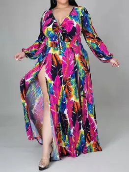 Plus Suurus Kleit 2021 Naiste Hulgi-Puhkus Rannas Seksikas Prindi Ditsy Lilleline Kleit koos Vöö täispikk Maxi Kleidid Dropshpping