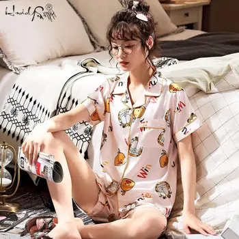 Naiste Silk Satin Pajama Komplekti Must Siga Prindi Särgid, Lühikesed Püksid Sleepwear Pijama Sobib Suvel Lühikesed Varrukad Pidžaama Komplekt