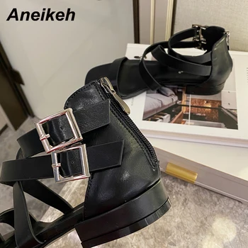 Aneikeh Sandalias Mujer Suvel Square Kanna Thong Kingad Madalas PU Naiste Sandaalid Luku Vaba aja veetmise Rooma Põhi-Briti Stiil Tõmblukk