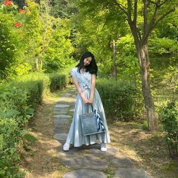 Kpop Seo Jah Ji suvel sweet V-kaeluse talje disain pits-up pikk kleit naiste korea temperament elegantne Lühikese varrukaga, kanna kleidid