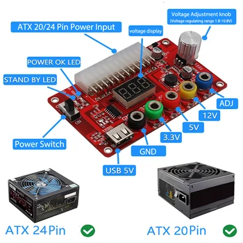 ATX Power Distribution Board Ja Akrüül Eluaseme Kit-Moodul Adapter Power Connector Toetab 3.3 V / 5V / 12V 1.8 V-10.8 V (ADJ)