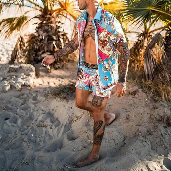 Meeste Komplekt Fashion Havai Trükitud Meeste Ülikond 2021 Suvel Nuppu Lühikese Varrukaga Särk Beach Vabaaja Püksid Streetwear 2 Töö S-3XL
