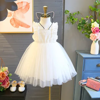 2-6 Aastat, Lapsed, Tüdruk Valge Pits Kleidid Korea Versiooni Tahke Varrukateta Silmadega Tüdrukud Sünnipäeva Printsess Kleit Laste Riided