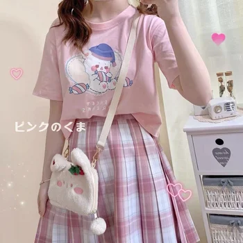 QWEEK Kawaii Anime T-särk Naistele 2021 Jaapani Streetwear Roosa Armas Multikas Prindi Naiste Suvine Top Alt Riided Tee Särk