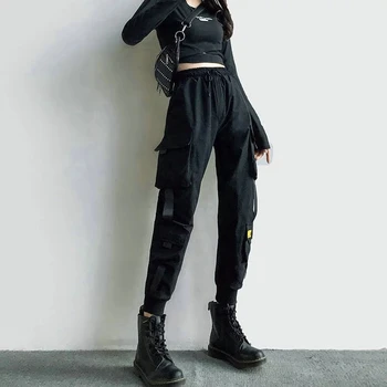 Naiste Cargo Püksid Must Lint Tasku Jogger Elastne Vöökoht Kõrge Streetwear Harajuku Pant Punk Naistel pikad Püksid, Haaremi Püksid