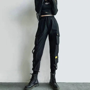 Naiste Cargo Püksid Must Lint Tasku Jogger Elastne Vöökoht Kõrge Streetwear Harajuku Pant Punk Naistel pikad Püksid, Haaremi Püksid