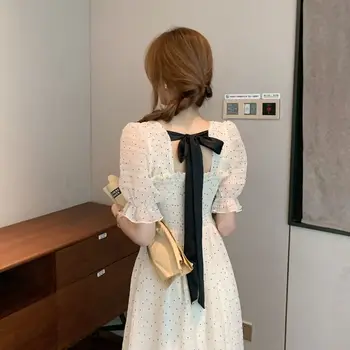 Suvel Dot Print Disain Armas Kleit Lühikeste Varrukate Sifonki Elegantne Kleit Korea Stiilis Square Krae Pool Kleit Naine