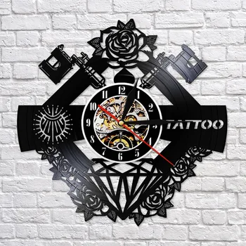 Custom Nimi Silent Vinüül Rekord Seina Clcok Tattoo Stuudio Märk Tattoo Tattoo Shop Tätoveering Masin Wall Decor Hipster Meeste Kingitus