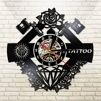Custom Nimi Silent Vinüül Rekord Seina Clcok Tattoo Stuudio Märk Tattoo Tattoo Shop Tätoveering Masin Wall Decor Hipster Meeste Kingitus