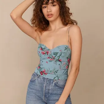 2021 Rohelise värvi naiste suvine lilleline ilus print back elastne camis armas crop top