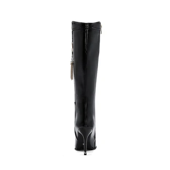 Casual stiilis seksikas pikad varba-põlvikud saapad profileerimine kett must valge lukuga kõrge kontsaga stiletto ratsutamine saapad naiste kingad