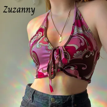 Zuzanny Suvel Y2K Crop Top Naiste Sügav V Kaela Backless Tie Dye Print Tank Camis 2021 Roheline Sidemega Beach Party Seksikas Päitsed Tops