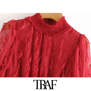 TRAF Naiste Stiilne Mood Appliques Plisseeritud Mini Kleit Vintage-Kõrge Kaeluse, Lühikeste Varrukate Naiste Kleidid Vestidos Mujer