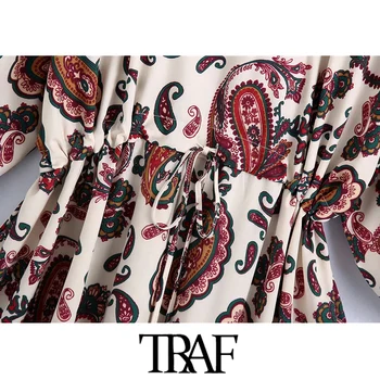 TRAF Naiste Stiilne Mood Paisley Print Mini Kleit Vintage Kolme Kvartali Varruka Elastne Vöökoht Naiste Kleidid Vestidos