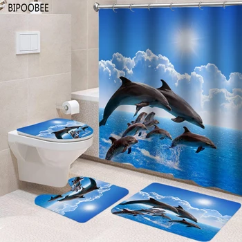 3D Print Vannituba Komplekti Ookeani Dolphin süvamere Loomade Dušš Kardin, millel on 12 Konksud Pjedestaal Vaipa Kaanega Wc Kaas Bath Mat Komplekt