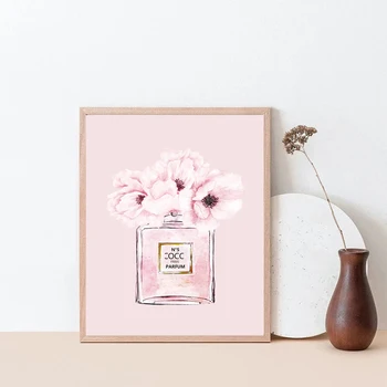 Moderne Mode Boek Parfumflesje Lõuend Schilderen Roze Bloemen Plakat Coco Hinnapakkumisi Prindib Muur Foto Woonkamer Home Decor
