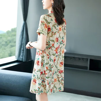 Naturaalne Siid Naiste Suvel Kleidid Hiina Stiilis Mandarin Krae, Lühike Varrukas Puhas Reaalne Silk Lady Õie Printida Kleit
