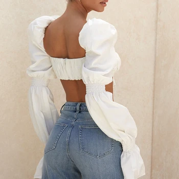 Naiste Pluus Puhvis Varrukad Square Krael Pits-up Top S Särgid Elegantne Uus Seksikas Backless Tõmblukk Mujer Lühikesed Topid Streetwear