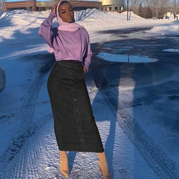 Jeans Seelik Naiste Pliiats Dubai Moslemi Nuppu Kõrge Vöökoht Bodycon Teksariidest Pikad Seelikud Lähis-Idas Türgi Abaya Islami Riided