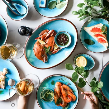 Jää Lõhenemist Glasuur Keraamilised Lauanõud Leibkonna Toidud, Riisi-Potid Aurutatud Kala Nõud Portselan Sinine Õhtusöök Plaadid söögiriistade komplekt