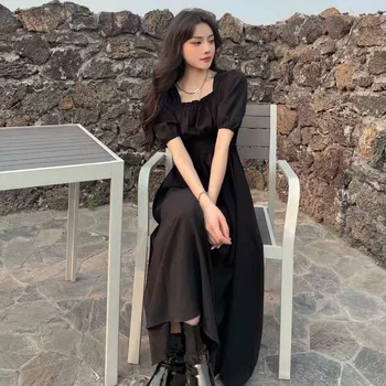 Kleit Naiste Elegantne Vintage Must Segast Elastne Suve Poole Puhvis Varrukad Korea Stiilis Vestidos De Festa Mood Kõrge Vöökoht