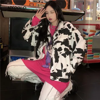 NYOOLO Harajuku streetwear lehma muster lahtised pikad varrukad denim naiste jope Sügis Ühe karavan jeans mantel naiste ülerõivad