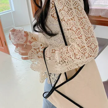 2021 Suvel Korea Elegantne Heegeldatud Valge Pits Pluus Naiste Vintage Pikad Varrukad Lilleline Tikand, Pits Särk Naistele Saagi Tops