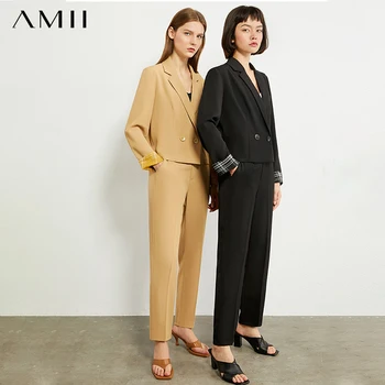 AMII Minimalism Sügis Mood Naiste Komplekt Solid Rinnamikrofon Lühike Naiste Ülikond, Mantel Kõrge Vöökoht Sirge Ülikond Püksid Naiste 12020190