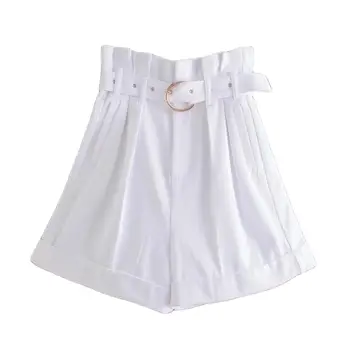 Paberkott (Solid color Kõrge Vöökoht lühikesed Püksid Naiste Za 2021 suvel Vintage Metallist vöö Joonega, Elegantne Office Daamid Plisseeritud Lühikesed Püksid