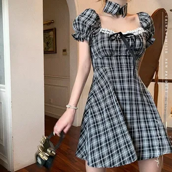 Musta-Valge Ruuduline Kleit, Vintage Puhvis Varrukad Mini Kleit Naine Suvel Square Krae Vabaaja Lady Vestido 2021 Mori Tüdruk