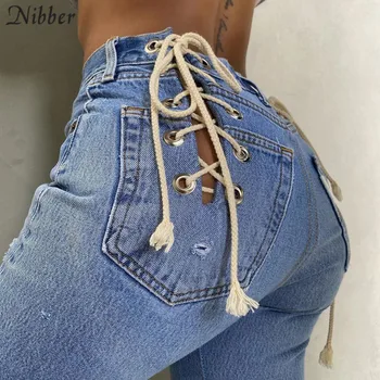 NIBBER kõrge vöökoht sidemega denim püksid tänaval tulistas seksikas õõnes pikad püksid naiste retro stiili naiste püksid super vürtsikas