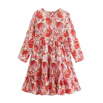 Za Naiste Suvine Kleit 2021 Punase Õie Printida Ruffle Plisseeritud Lühikesed Kleidid Naine Vabaaja Magus Armas O-Kaeluse Ruched Mini Kleit