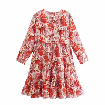 Za Naiste Suvine Kleit 2021 Punase Õie Printida Ruffle Plisseeritud Lühikesed Kleidid Naine Vabaaja Magus Armas O-Kaeluse Ruched Mini Kleit