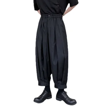 Meeste Plisseeritud Elastne Vöökoht Lace Up Jaapani Harajuku Streetwear Lahti Vabaaja Must Kimono Püksid, Seelikud Menswear Püksid Mees